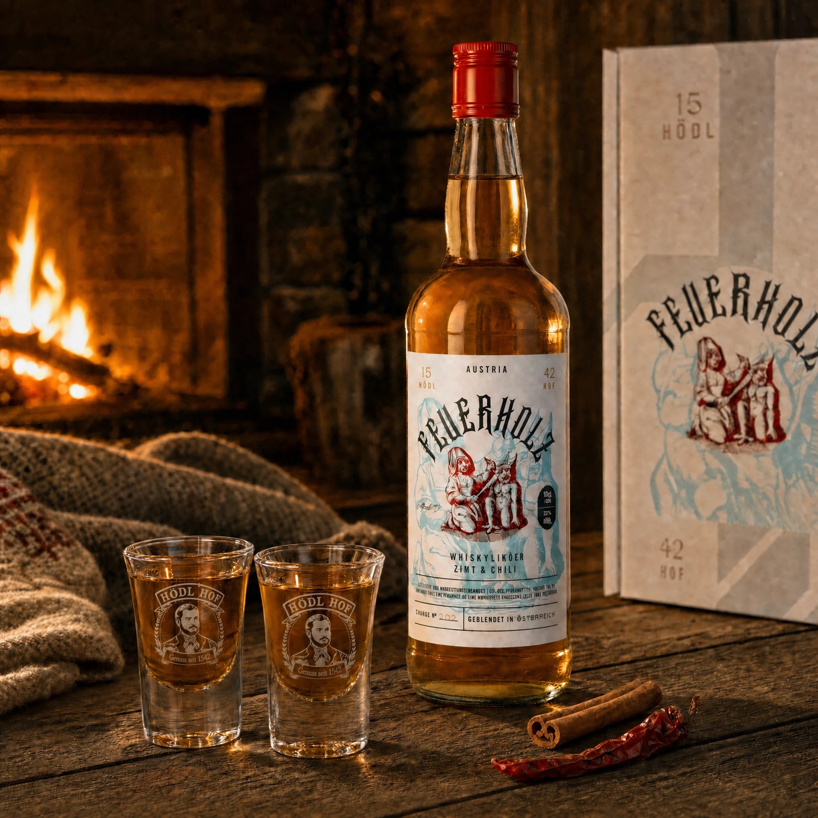 Feuerholz Whiskylikör Geschenkset | 0,7l + 4 Stamperl