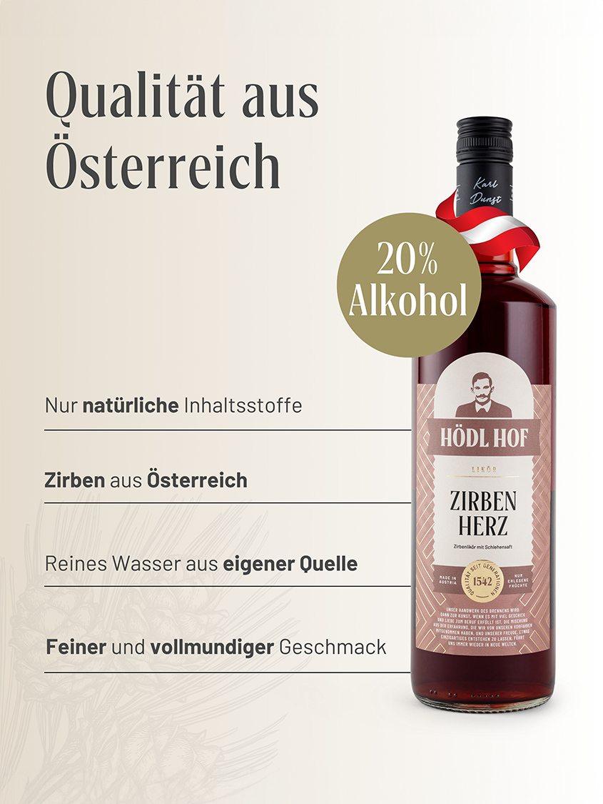 Hödl Hof Zirbenlikör | Zirbenherz | 20% Vol. | 1,0l | Zirbe & Alpine Kräuter