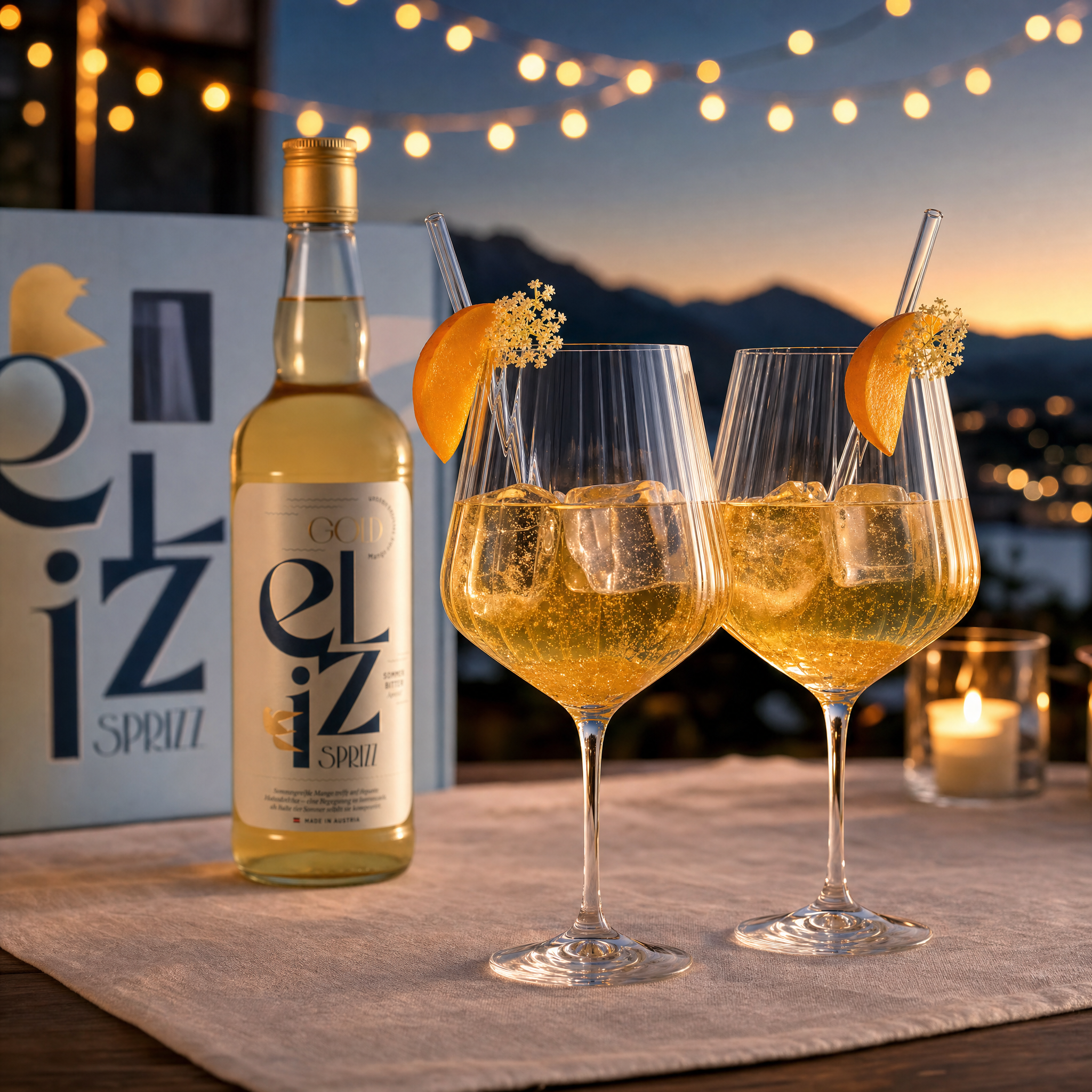 Eliz Sprizz Geschenkset | Mango-Holunderblüte Aperitif Geschenk | 0,7l + 2 Aperitifgläser & 2 Strohhalme