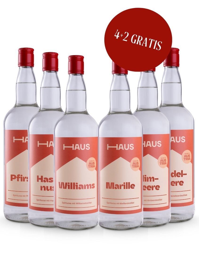 HAUS Schnaps Super-Set 6 × 1,0 l | 33 % Vol. | 4 + 2 GRATIS! HAUS Schnaps Super-Set 6 × 1,0 l | 33 % Vol. | 4 + 2 GRATIS!
