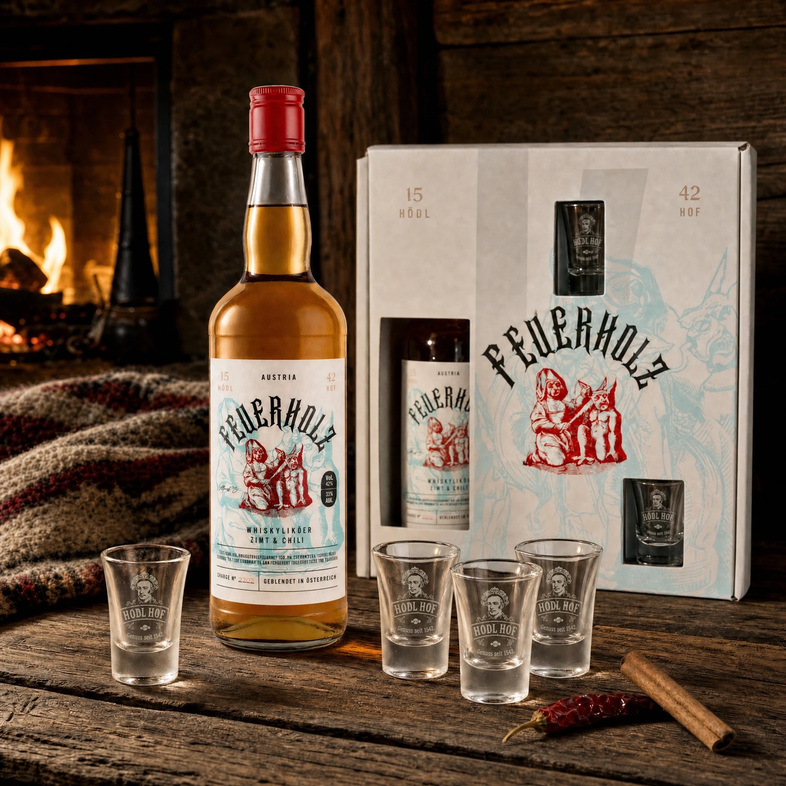 Feuerholz Whiskylikör Geschenkset | 0,7l + 4 Stamperl