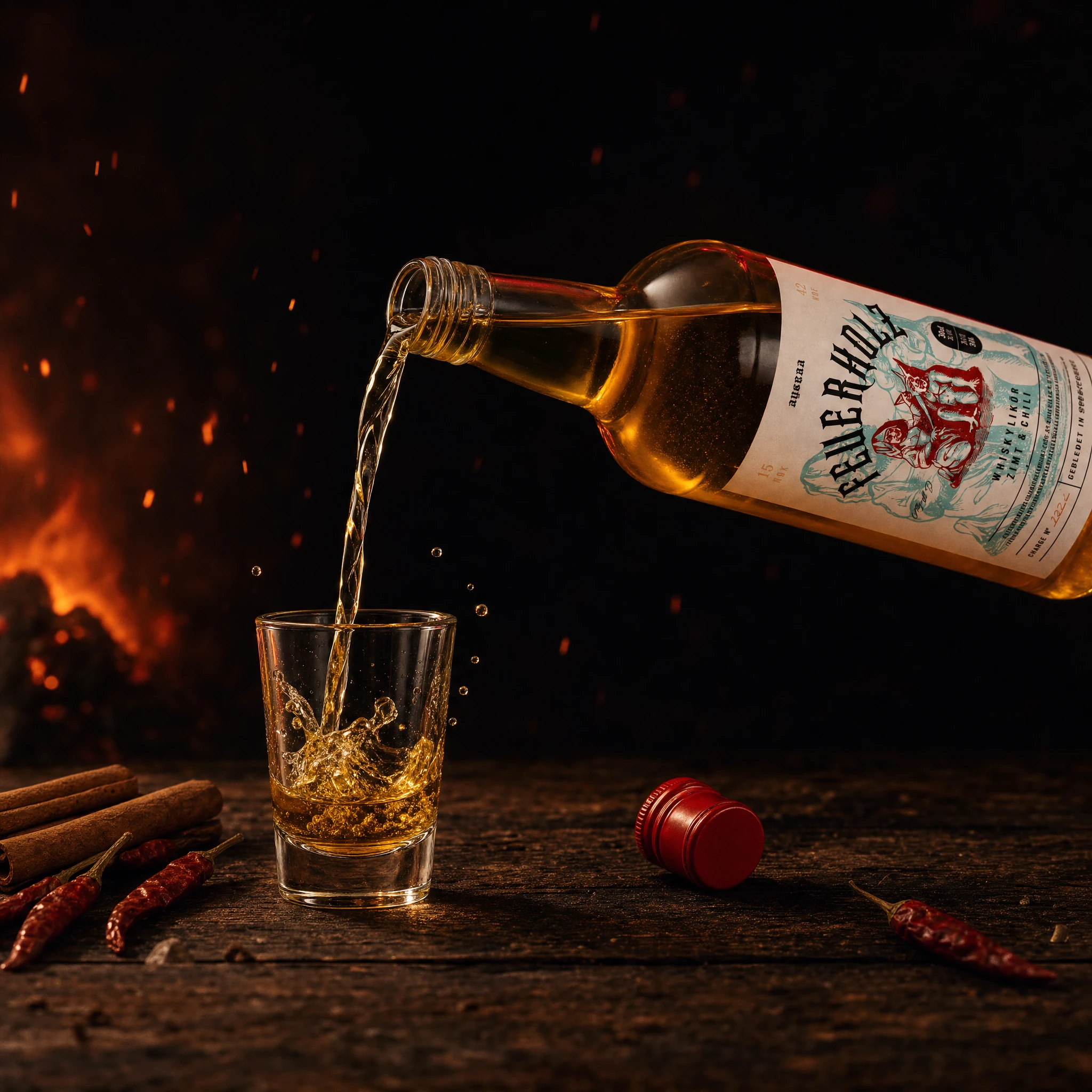 Feuerholz Whiskylikör wird eingeschenkt
