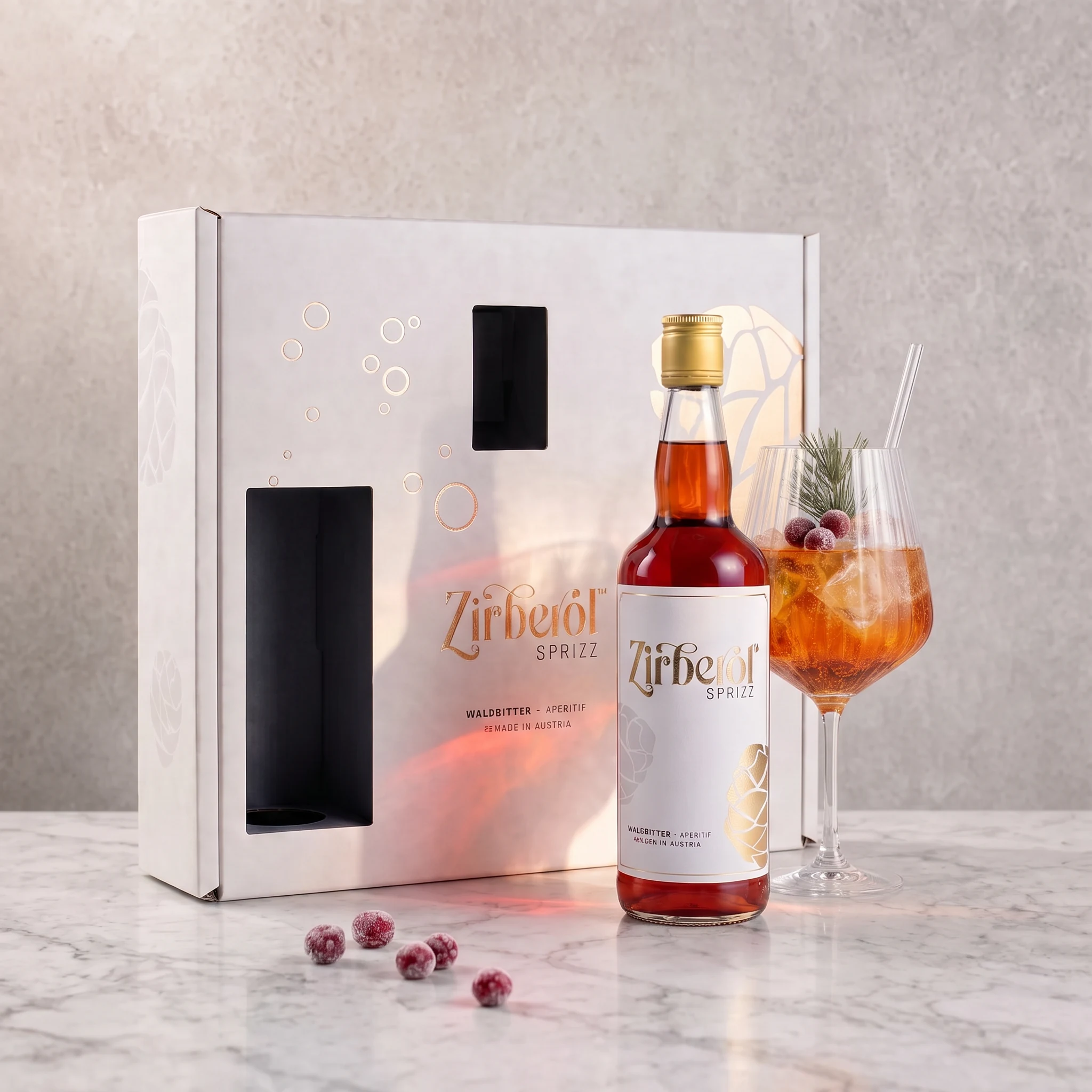 Zirberol Sprizz Geschenkset 0,7l + 2 Aperitifgläser & 2 Strohhalme