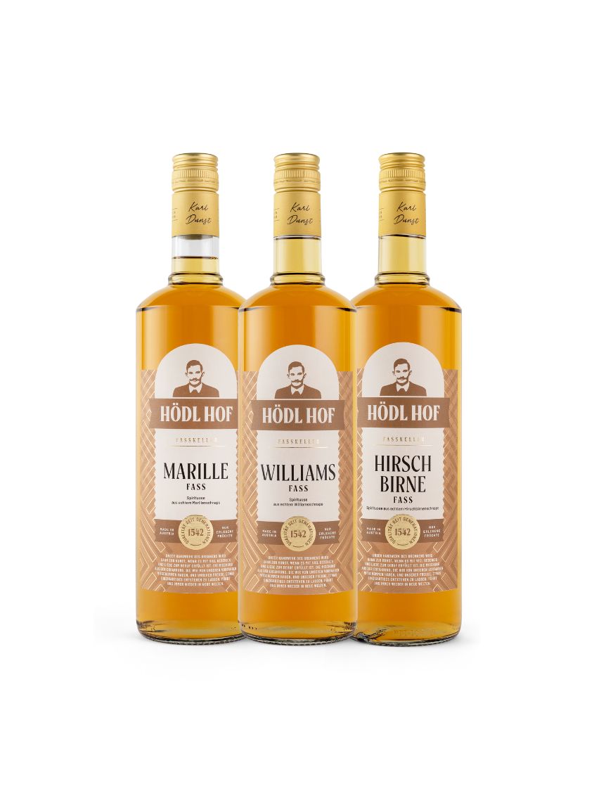 Hödl Hof Fass-Schnaps-Set (Alte Sorten) | 38 % Vol. + Gratisgeschenke im Wert von € 33,-