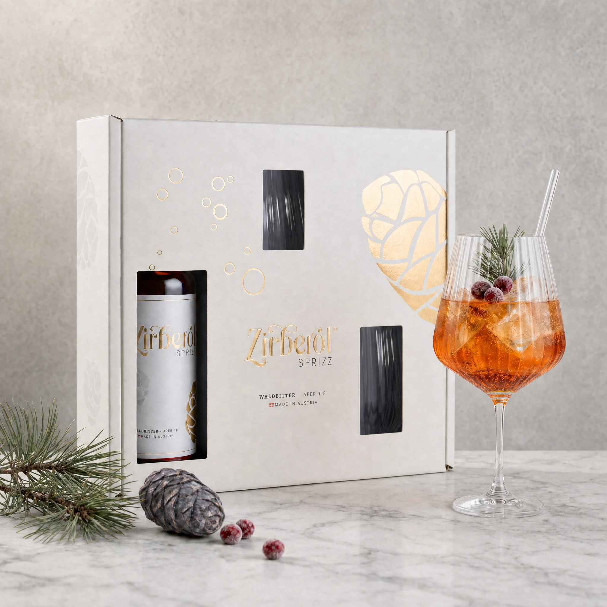 Zirberol Sprizz Geschenkset 0,7l + 2 Aperitifgläser & 2 Strohhalme