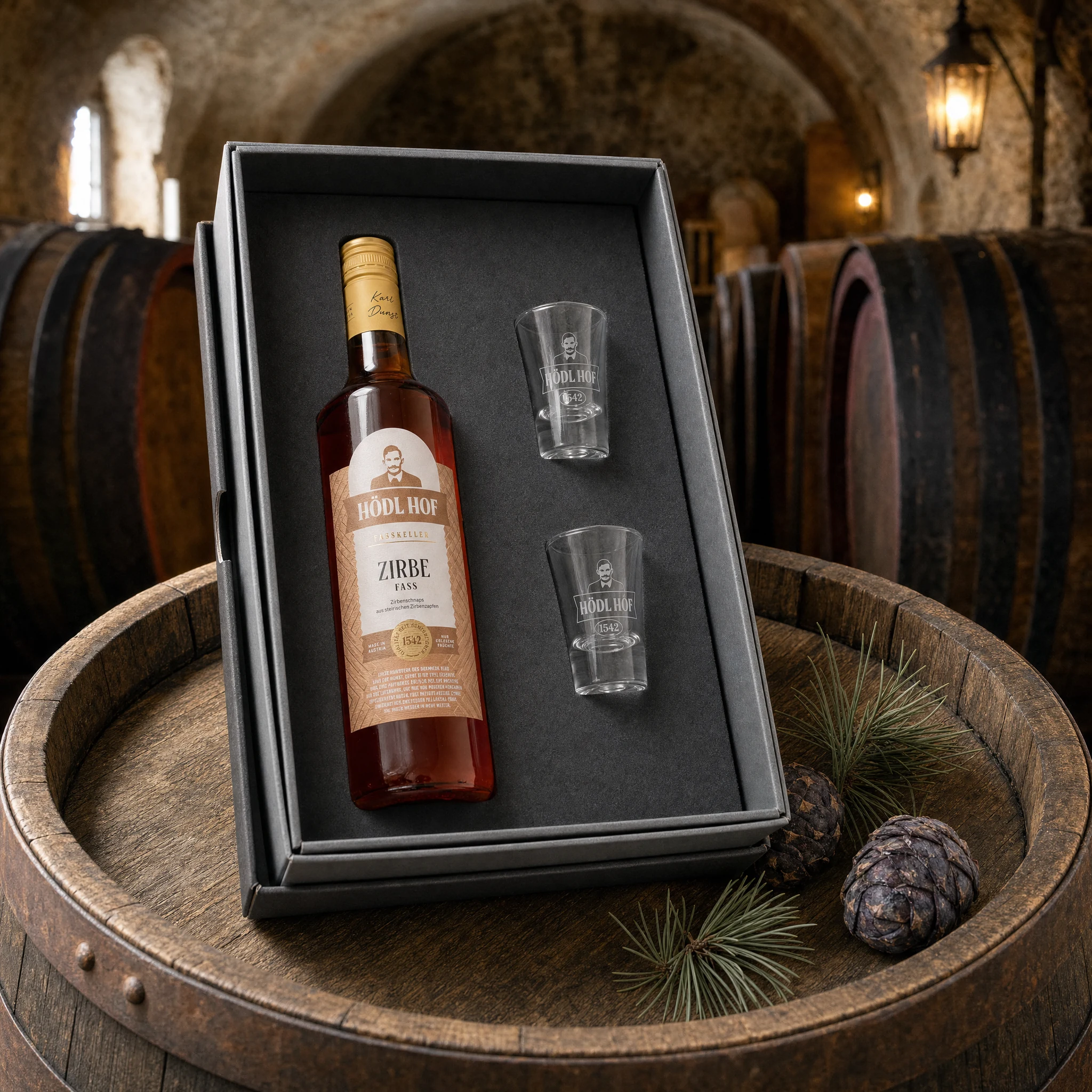 Hödl Hof Geschenkset Zirbe Fass | 0,7l