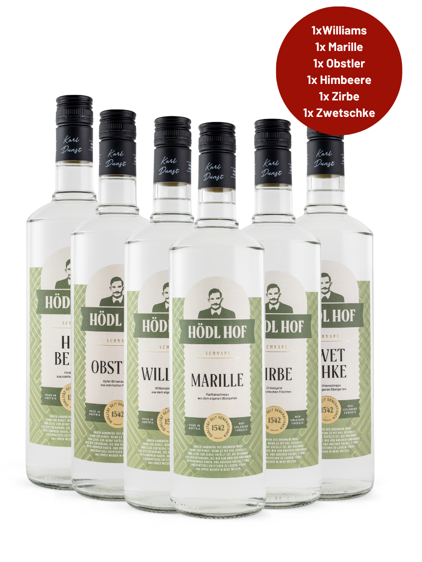 Schnaps Super Deal (1x Williams, 1x Marille, 1x Zwetschke, 1x Obstler, 1x Zirbe, 1x Himbeere) Schnaps Super Deal (1x Williams, 1x Marille, 1x Zwetschke, 1x Obstler, 1x Zirbe, 1x Himbeere)