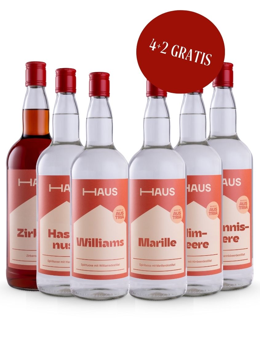 HAUS Schnaps Mega-Set 6 × 1,0 l | 33 % Vol. | 4 + 2 GRATIS!  HAUS Schnaps Mega-Set 6 × 1,0 l | 33 % Vol. | 4 + 2 GRATIS!