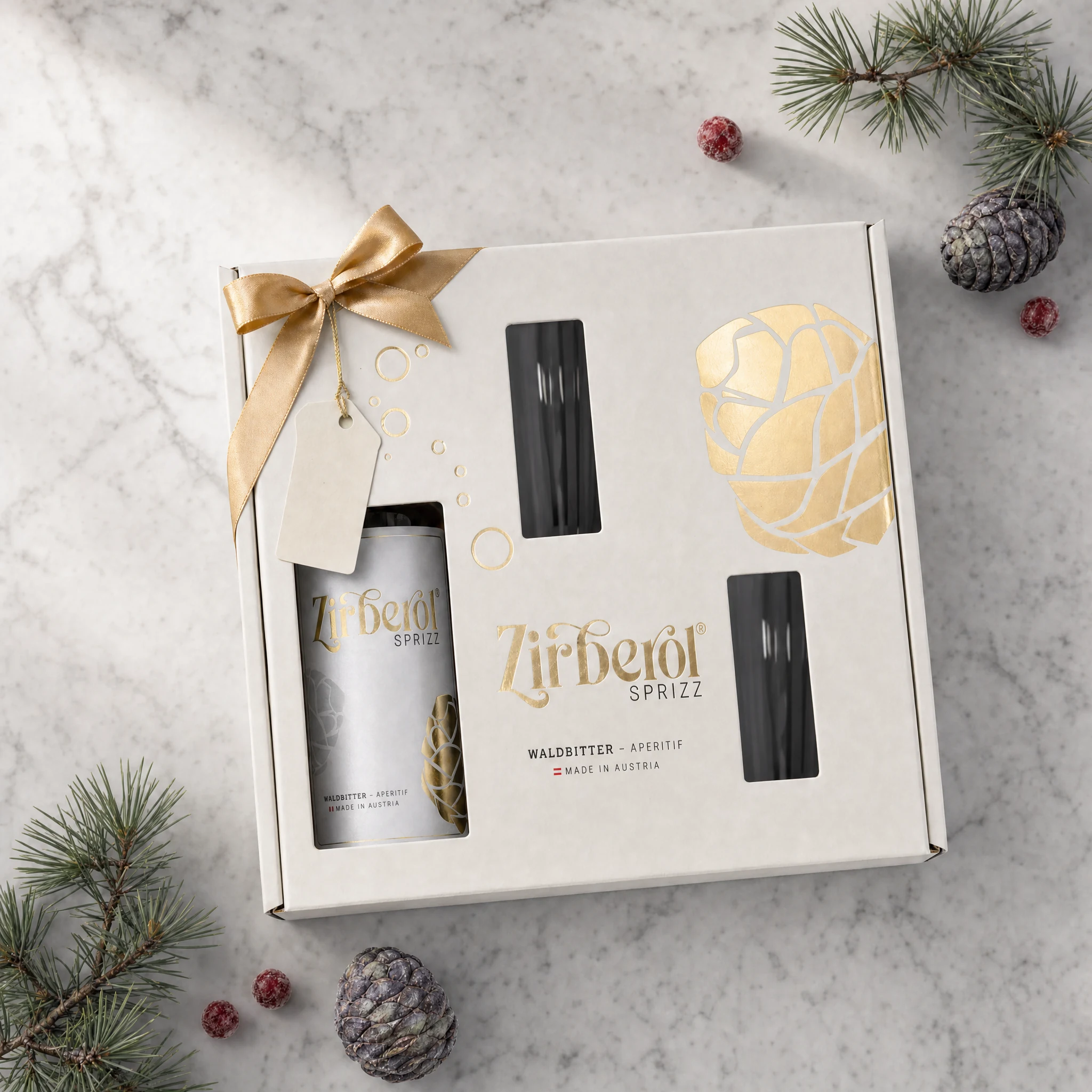 Zirberol Sprizz Geschenkset 0,7l + 2 Aperitifgläser & 2 Strohhalme