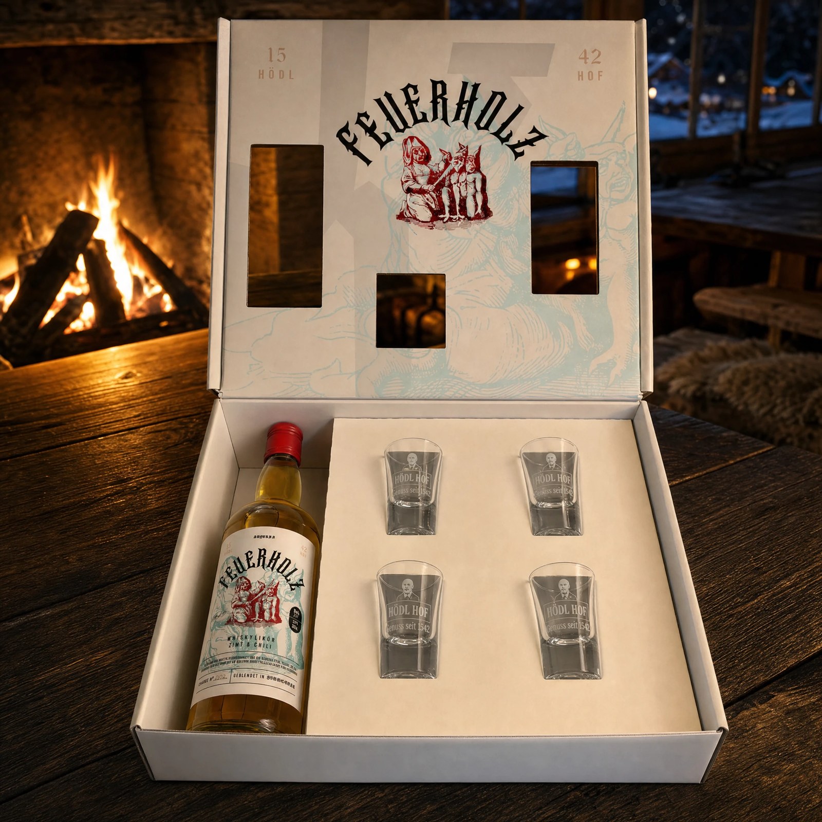 Feuerholz Whiskylikör Geschenkset | 0,7l + 4 Stamperl