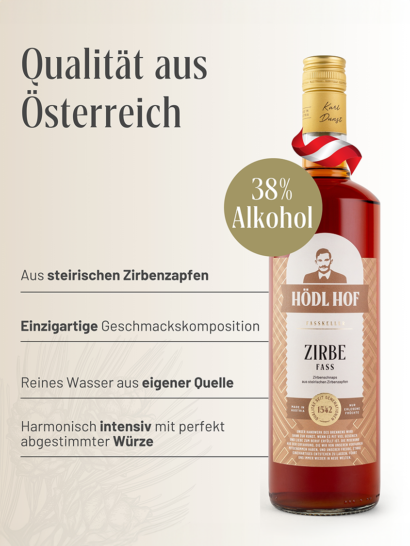 Hödl Hof Zirbe Fass Schnaps Fassgelagert | 38% Vol. | 0,7l