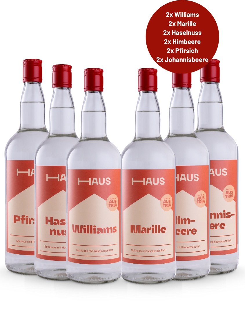 HAUS-Schnaps Mega Deal (2x Williams, 2x Marille, 2x Haselnuss, 2x Himbeere, 2xPfirsich, 2x Johannisbeere) HAUS-Schnaps Mega Deal (2x Williams, 2x Marille, 2x Haselnuss, 2x Himbeere, 2xPfirsich, 2x Johannisbeere)
