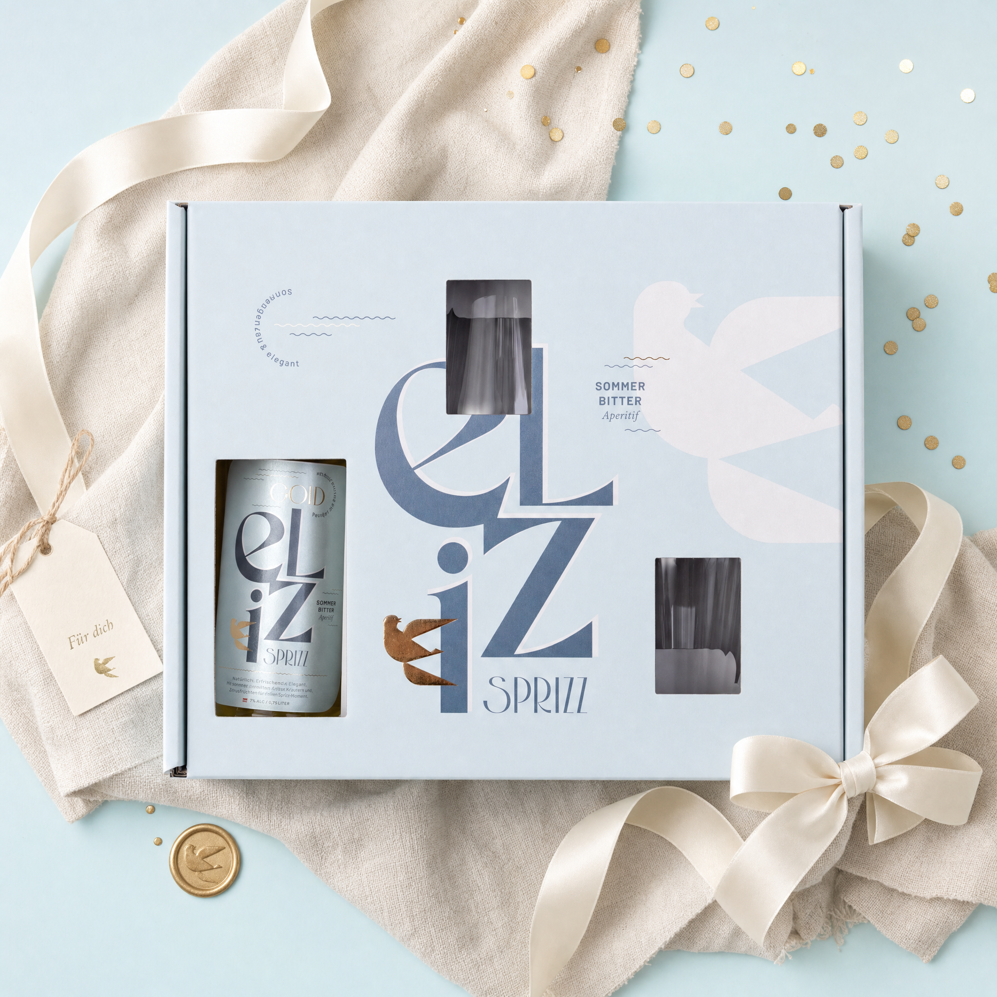 Eliz Sprizz Geschenkset | Mango-Holunderblüte Aperitif Geschenk | 0,7l + 2 Aperitifgläser & 2 Strohhalme